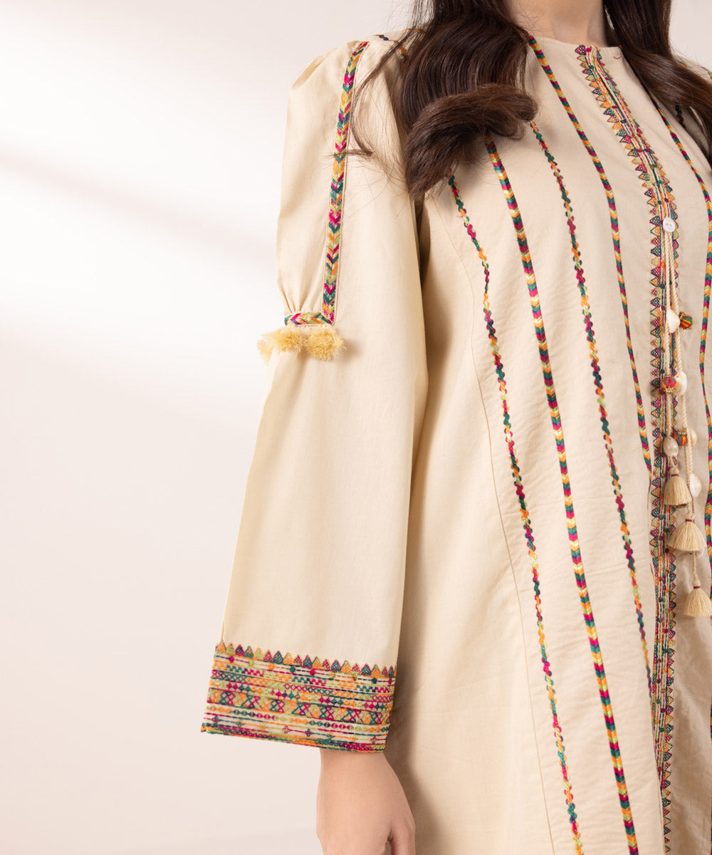 Women's Pret Cambric Embroidered Beige  Shirt