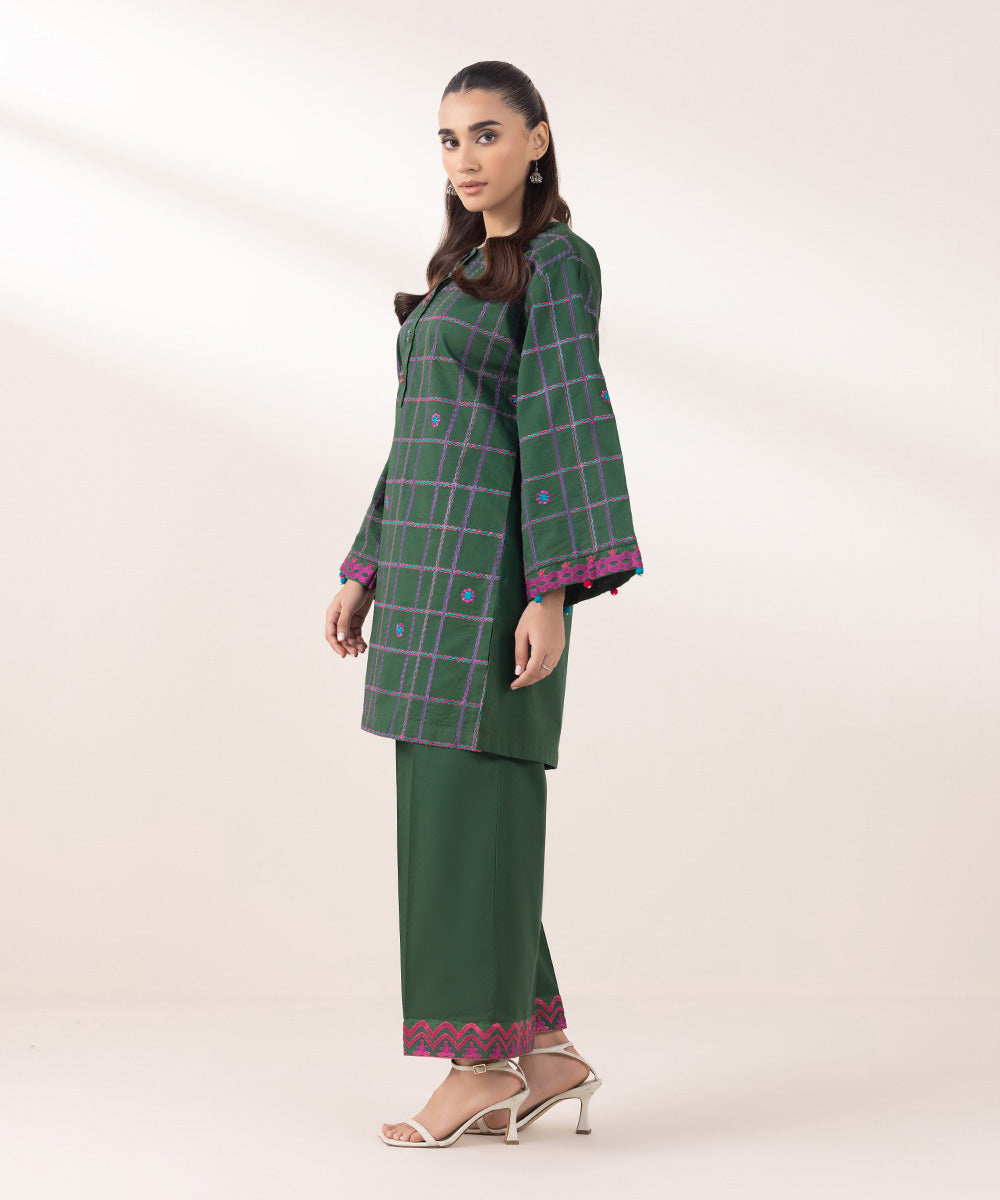 Women's Pret Cambric Embroidered Forest Green Boxy Shirt