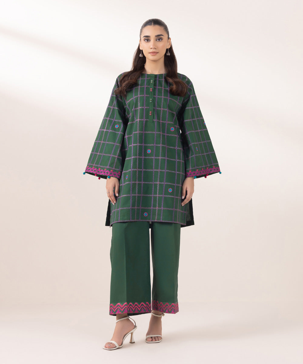 Women's Pret Cambric Embroidered Forest Green Boxy Shirt