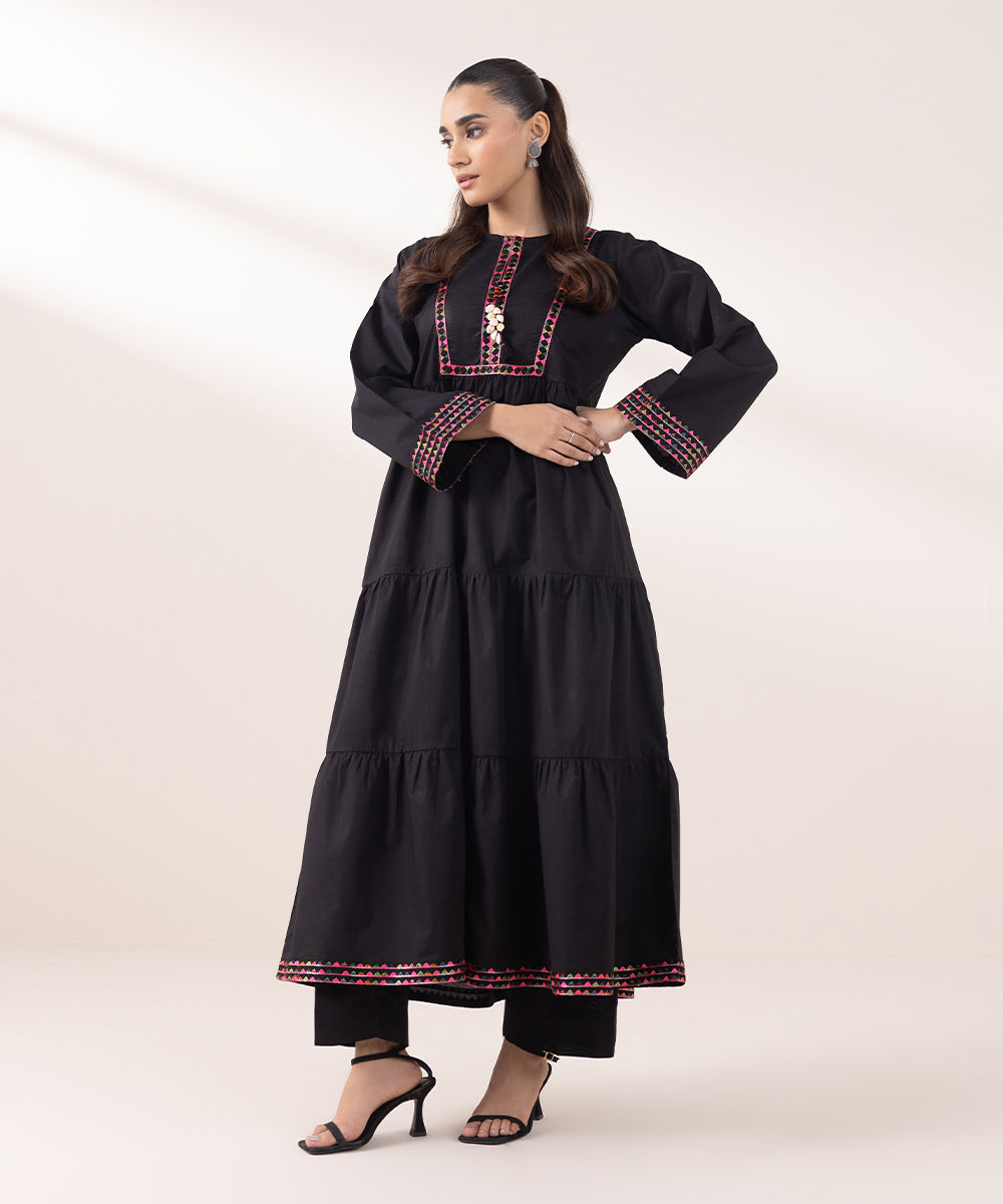 Women's Pret Cambric Embroidered Black Tier Dress