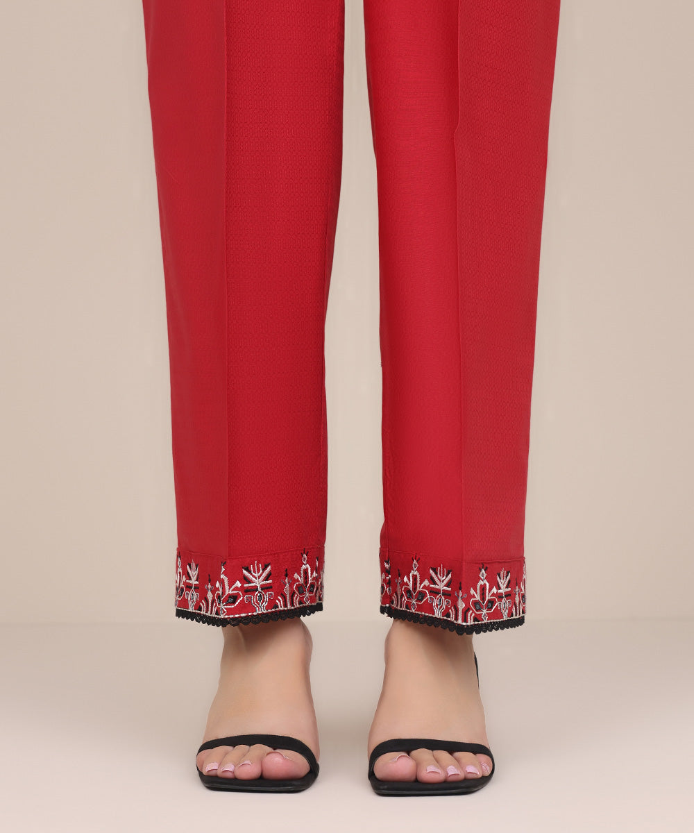 Women's Pret Dobby Red Embroidered Straight Pants