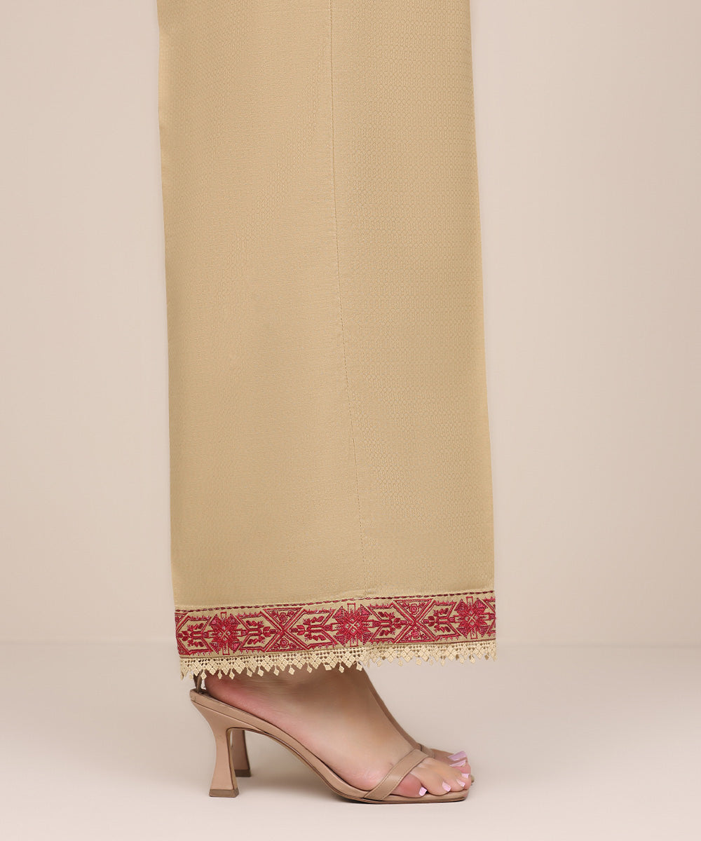 Women's Pret Dobby Beige Embroidered Culottes