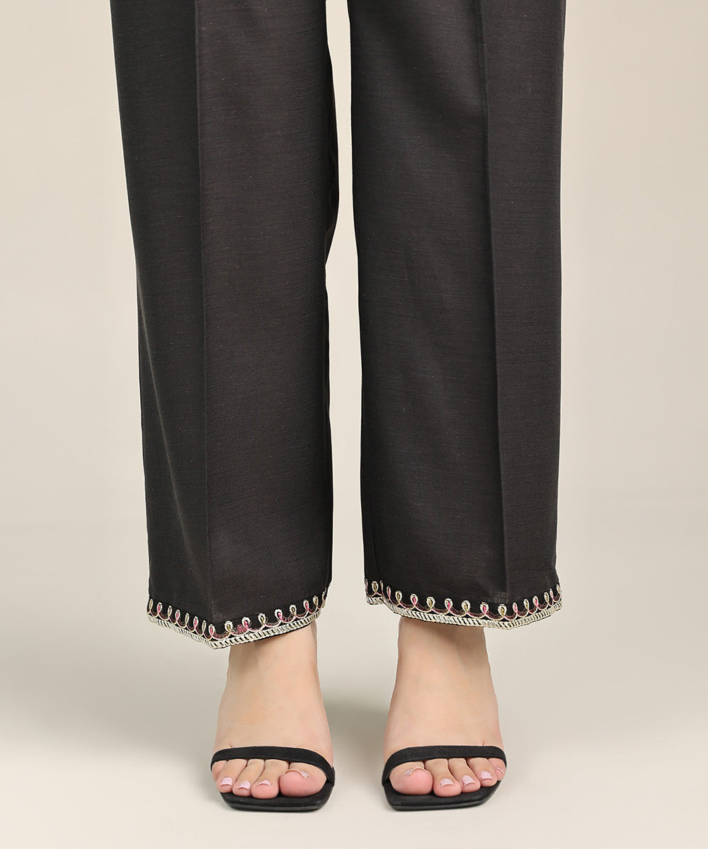 Women's Pret Dull Raw Silk Black Embroidered Straight Pants