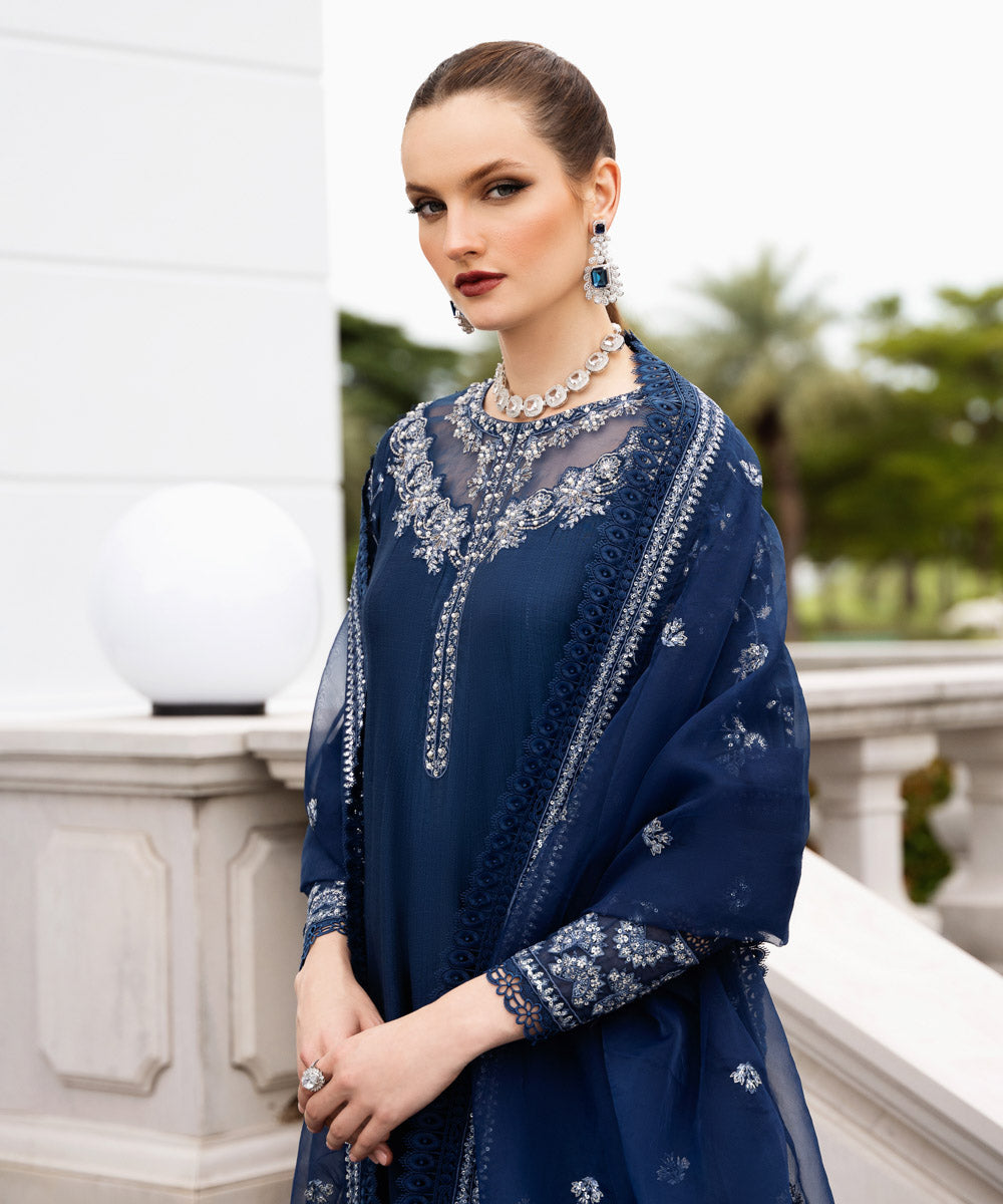 Women's Pret Raw Silk Blue Embroidered Three Piece Suit