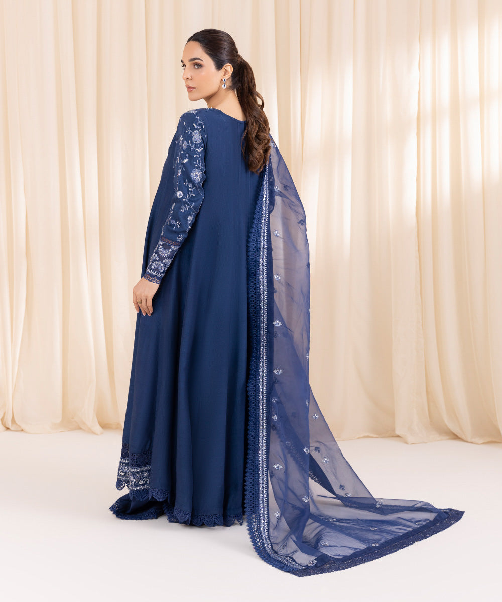 Women's Pret Raw Silk Blue Embroidered Three Piece Suit