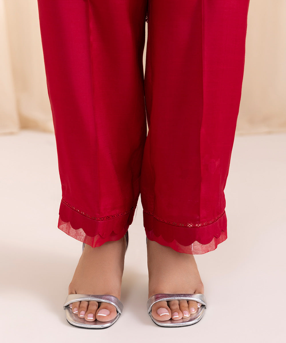 Women's Pret Raw Silk Red Embroidered Three Piece Suit