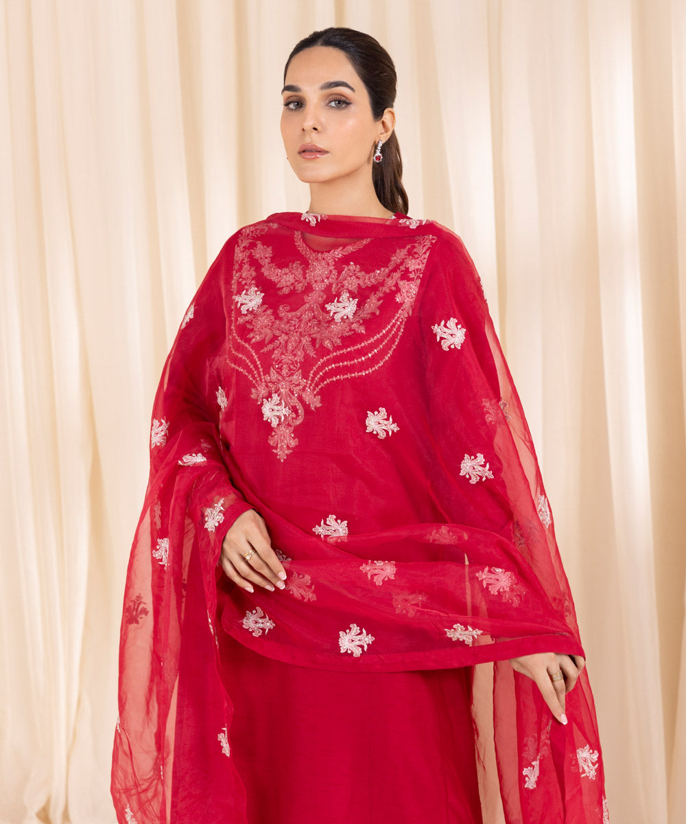 Women's Pret Raw Silk Red Embroidered Three Piece Suit