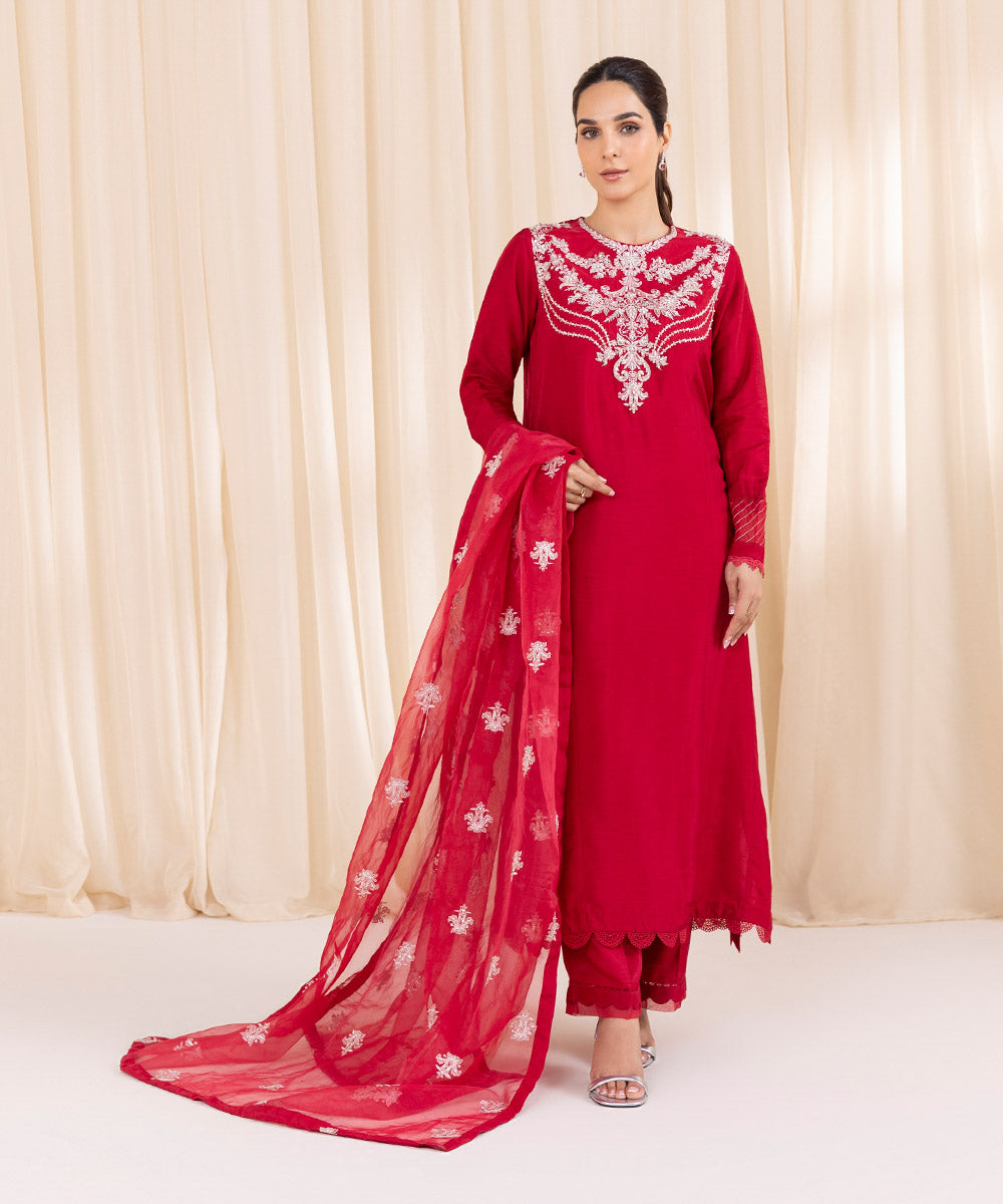 Women's Pret Raw Silk Red Embroidered Three Piece Suit