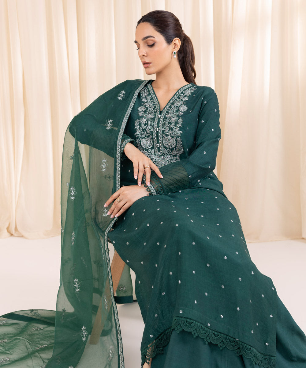 Women's Pret Raw Silk Green Embroidered Three Piece Suit