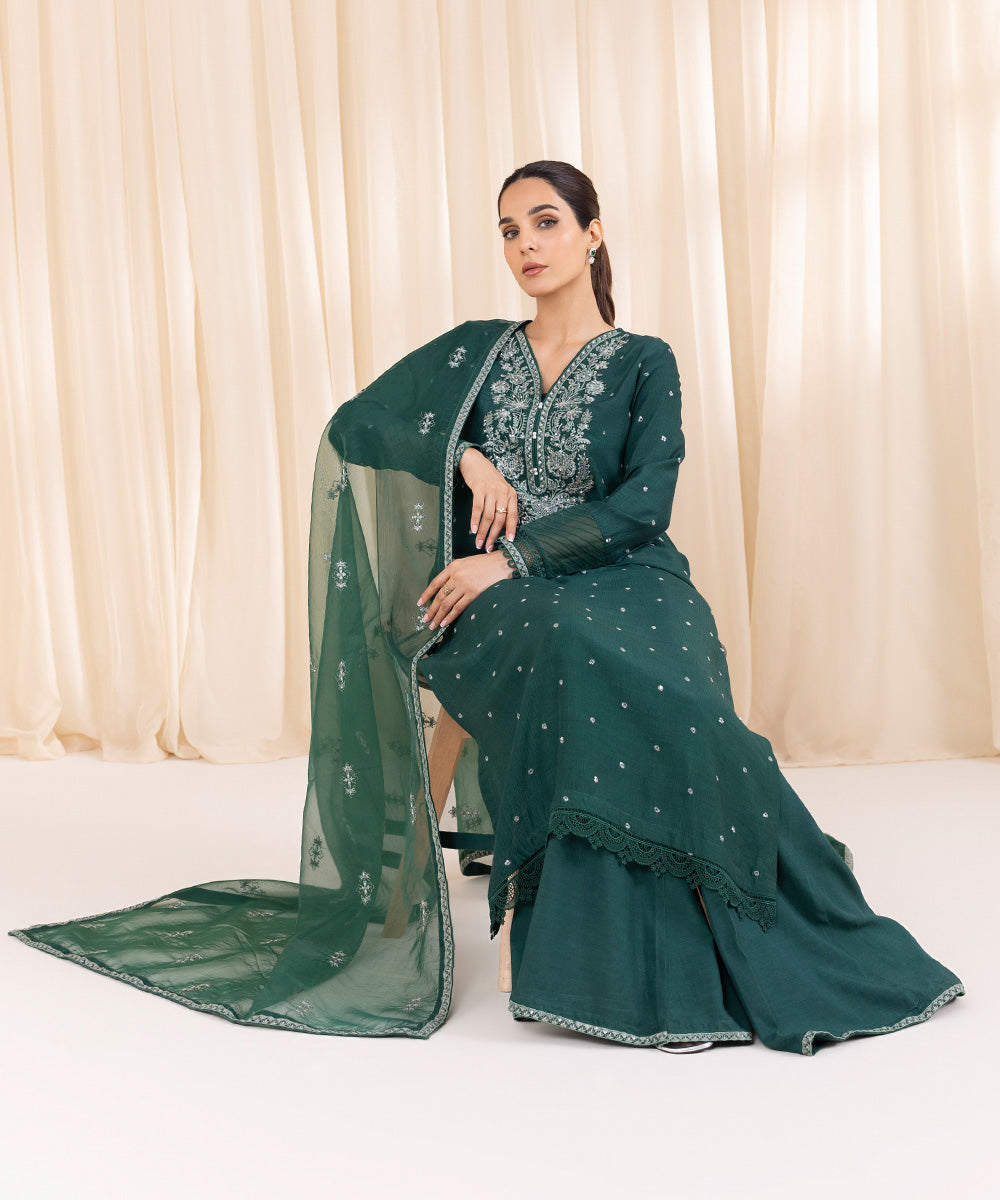 Women's Pret Raw Silk Green Embroidered Three Piece Suit