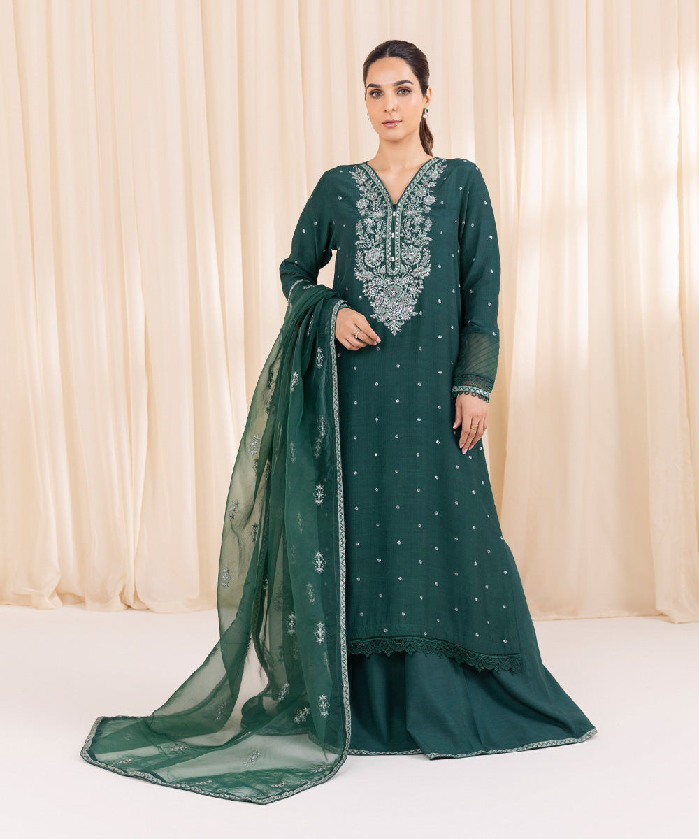 Women's Pret Raw Silk Green Embroidered Three Piece Suit