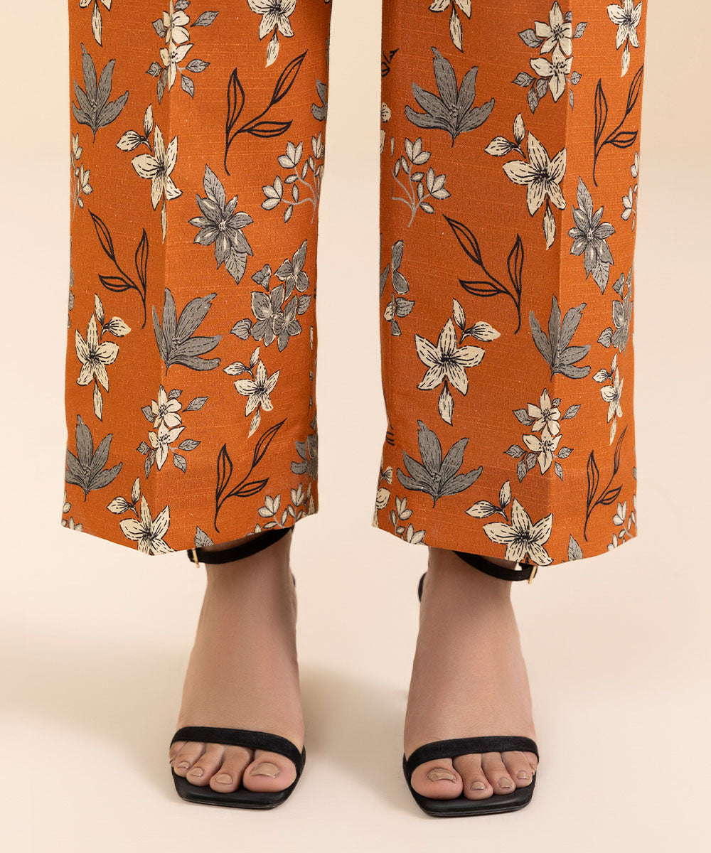 Women's Unstitched Cambric Printed Orange 2 Piece Suit