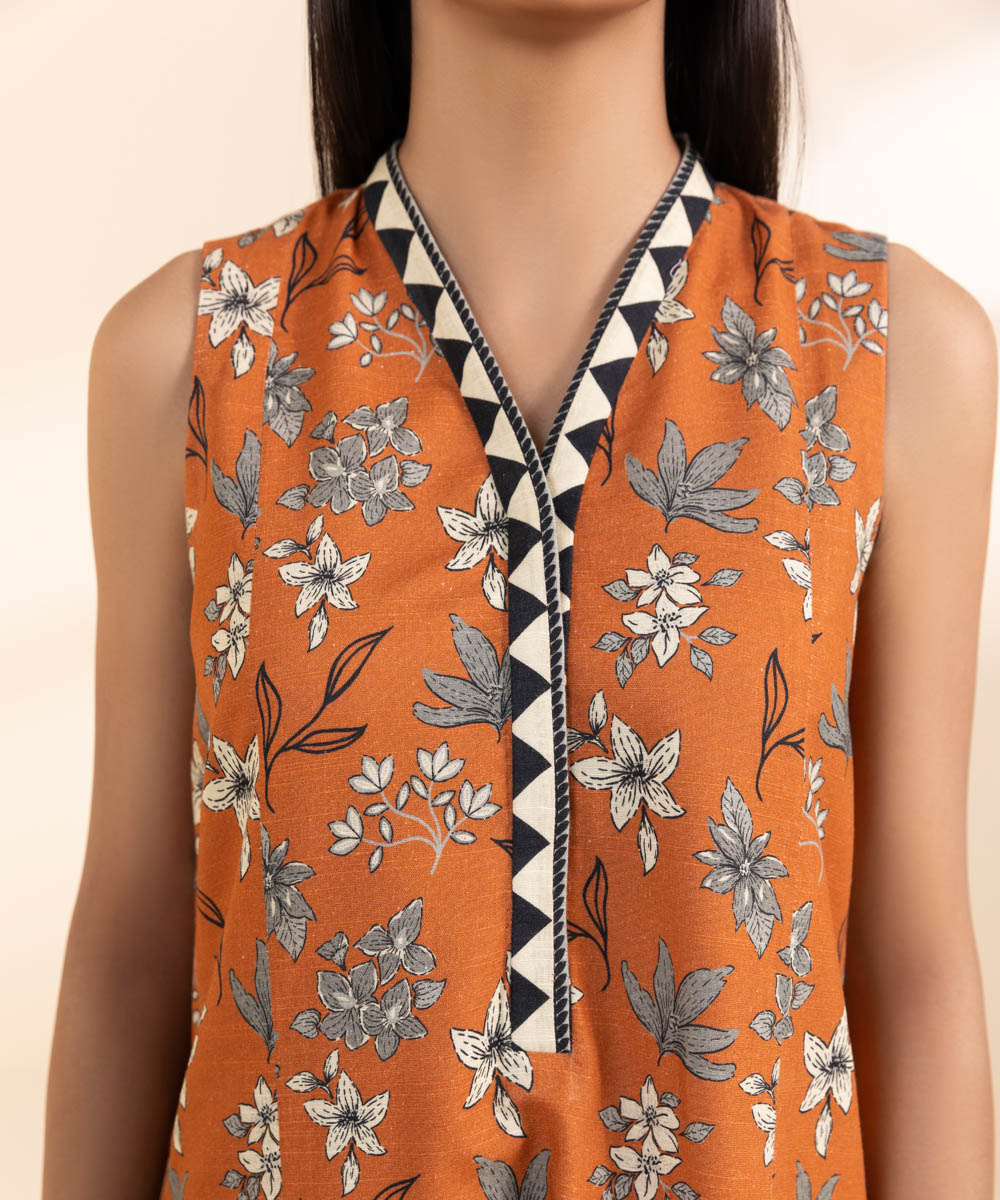 Women's Unstitched Cambric Printed Orange 2 Piece Suit