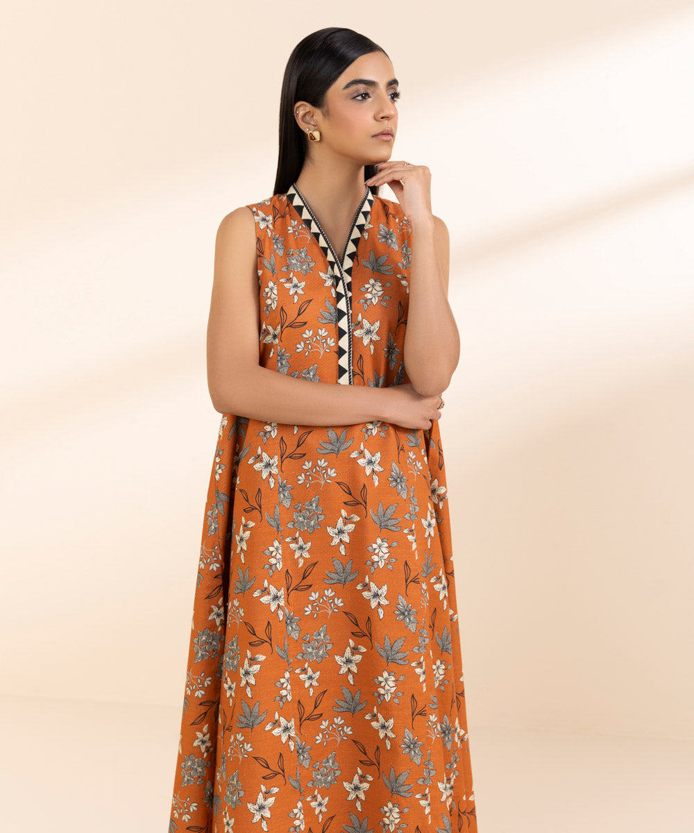 Women's Unstitched Cambric Printed Orange 2 Piece Suit