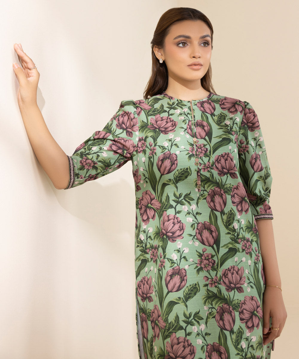 Women's Unstitched Khaddar Printed Green 2 Piece Suit