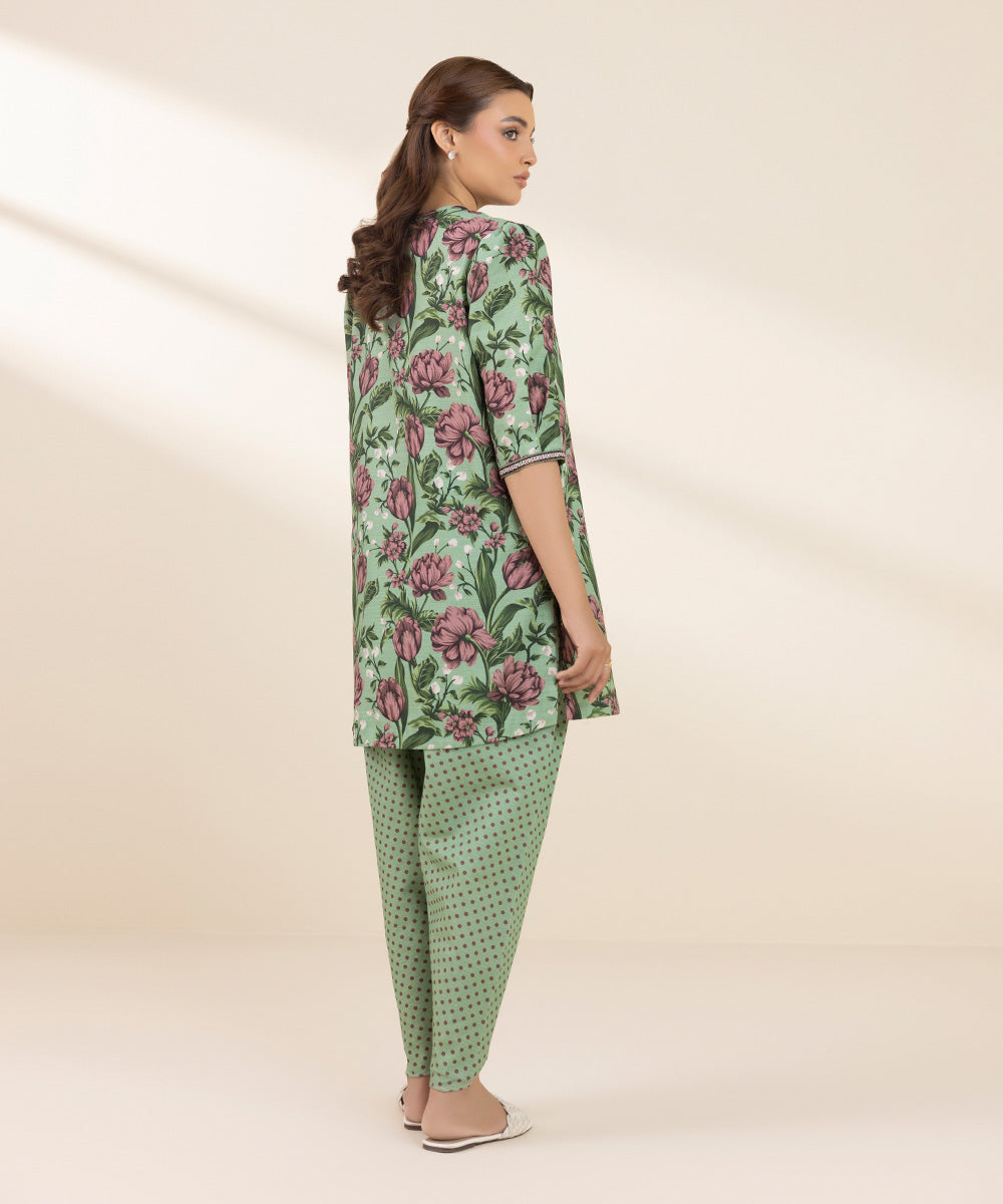 Women's Unstitched Khaddar Printed Green 2 Piece Suit