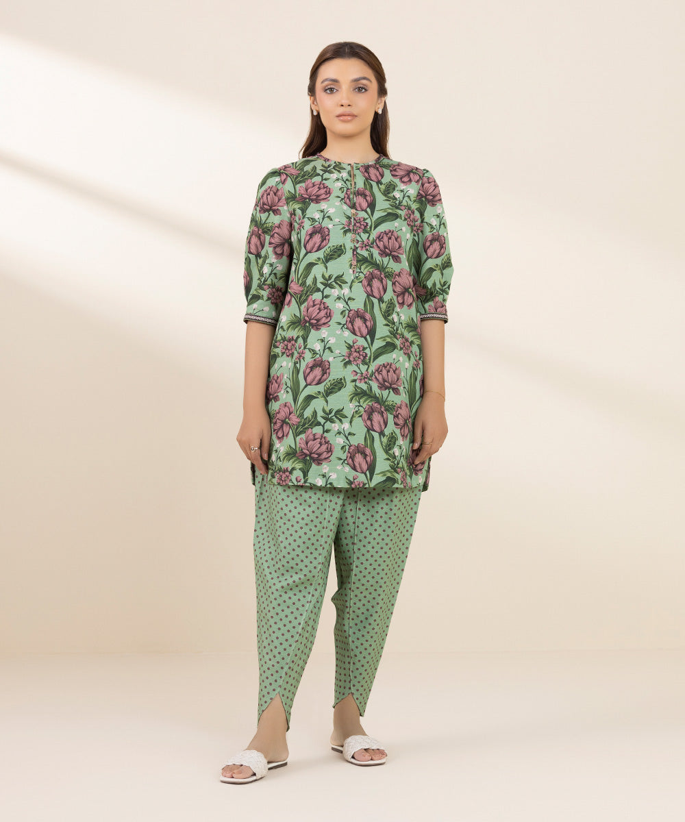 Women's Unstitched Khaddar Printed Green 2 Piece Suit