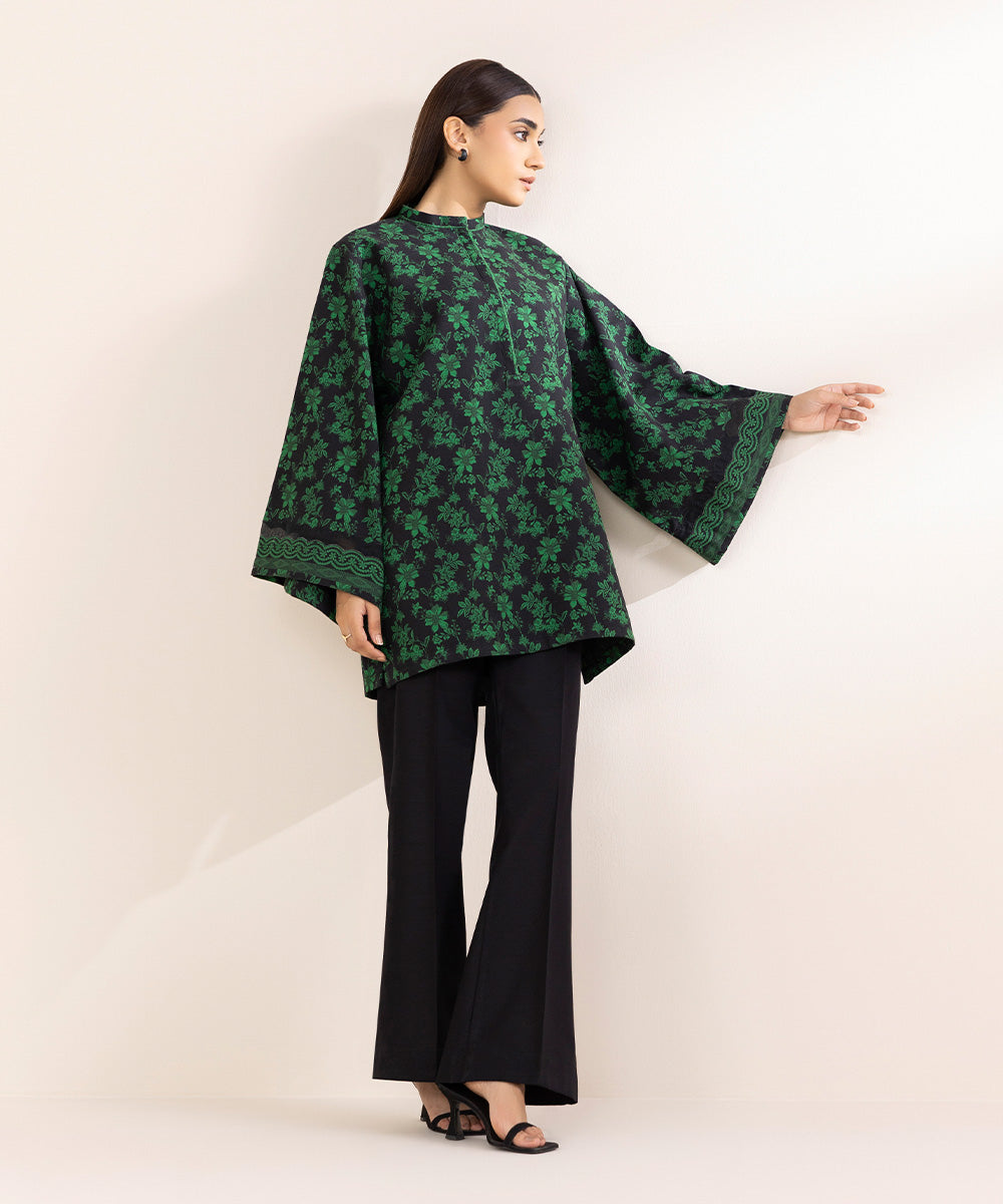 Women's Unstitched Khaddar Printed Green 2 Piece Suit