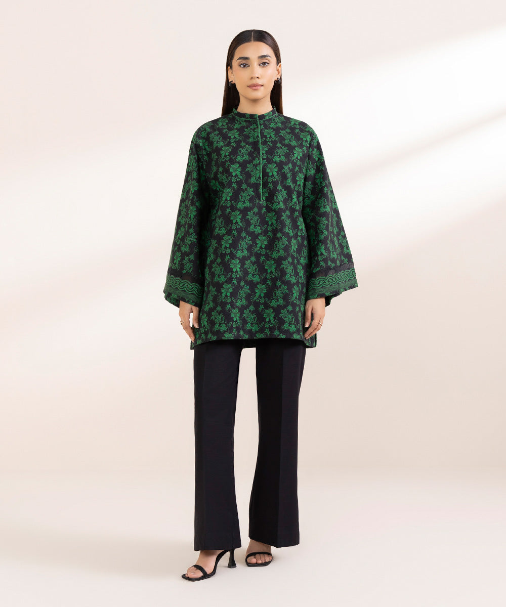 Women's Unstitched Khaddar Printed Green 2 Piece Suit