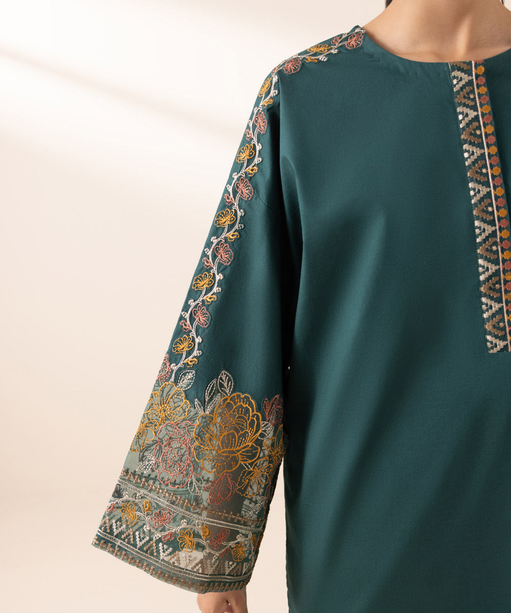 Women's Unstitched Lawn Green Embroidered 2 Piece Suit