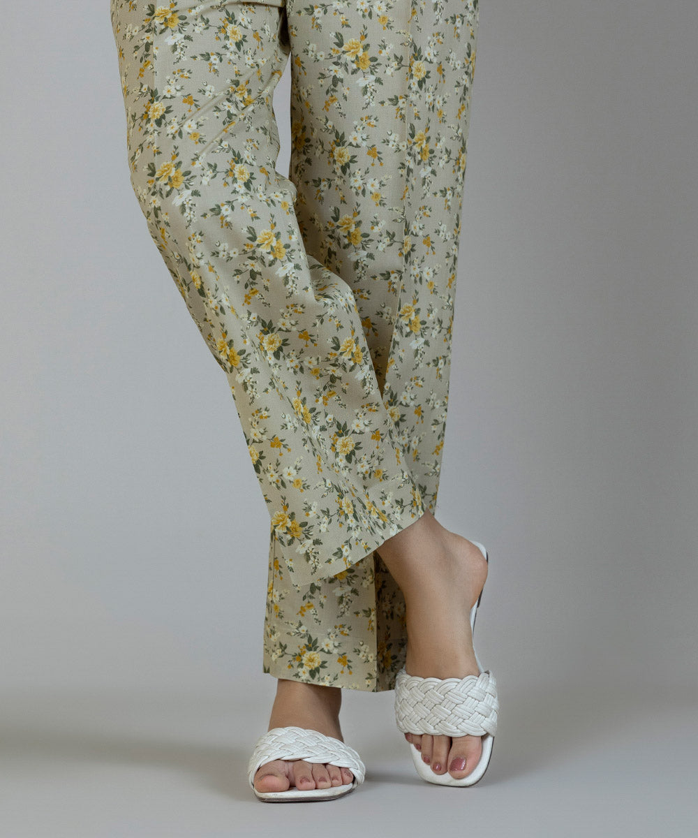 Women's Pret Cambric Beige Printed Straight Pants