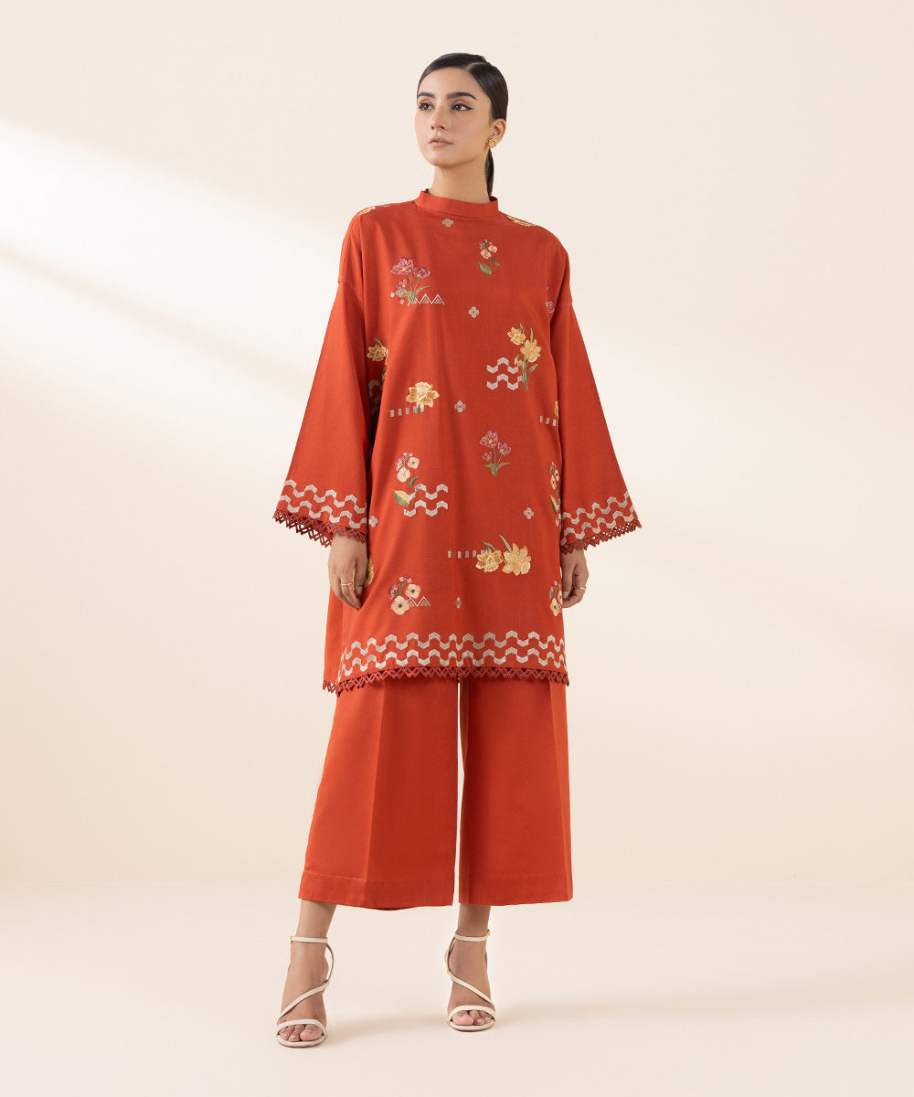 Women's Unstitched Arabic Lawn Orange Embroidered 2 Piece Suit