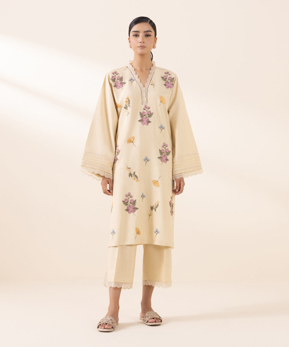 Women's Unstitched Arabic Lawn Beige Embroidered 2 Piece Suit