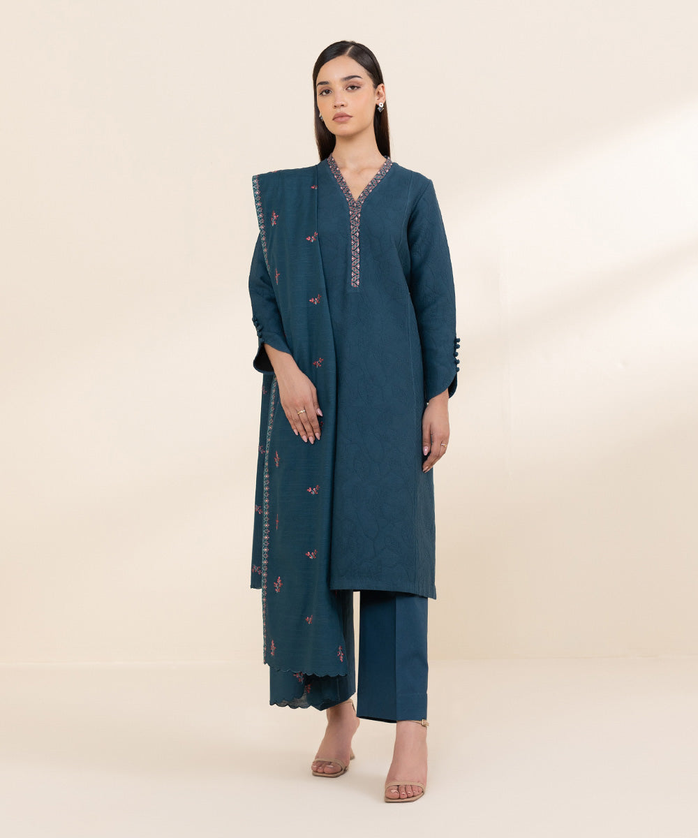 Women's Unstitched Cotton Jacquard Blue Embroidered 3 Piece Suit