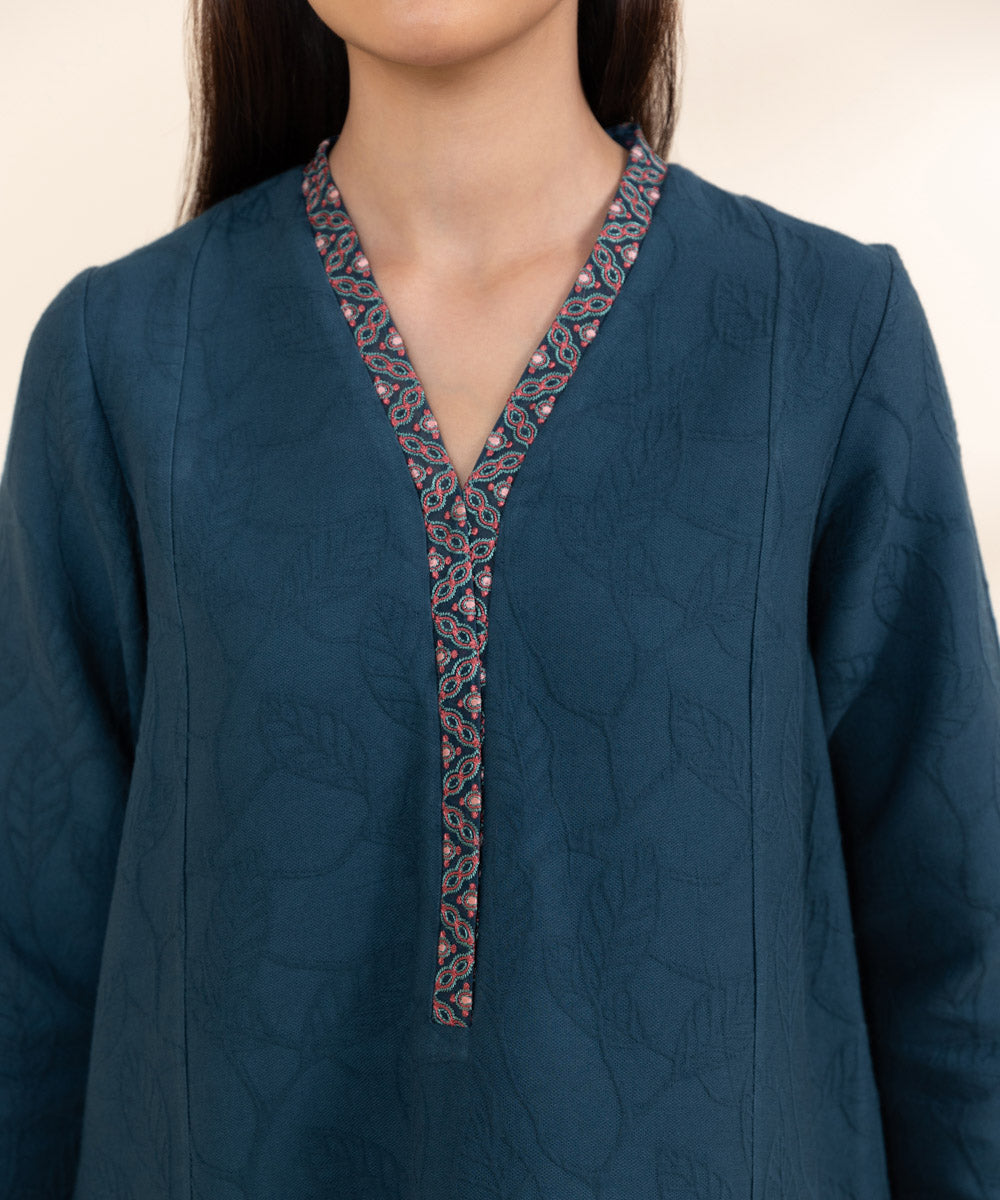 Women's Unstitched Cotton Jacquard Blue Embroidered 3 Piece Suit