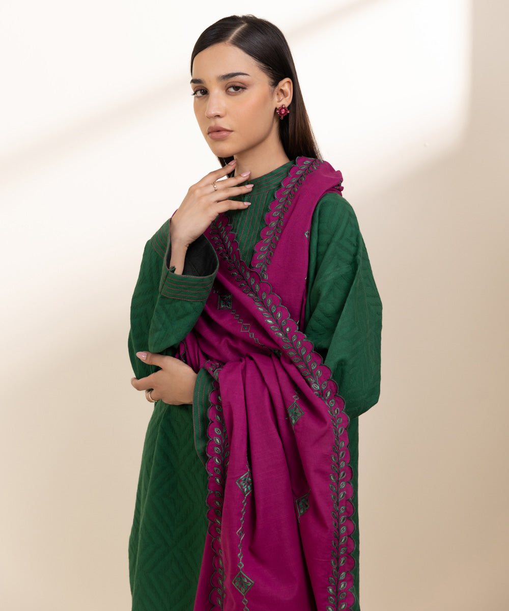 Women's Unstitched Cotton Jacquard Green Embroidered 3 Piece Suit