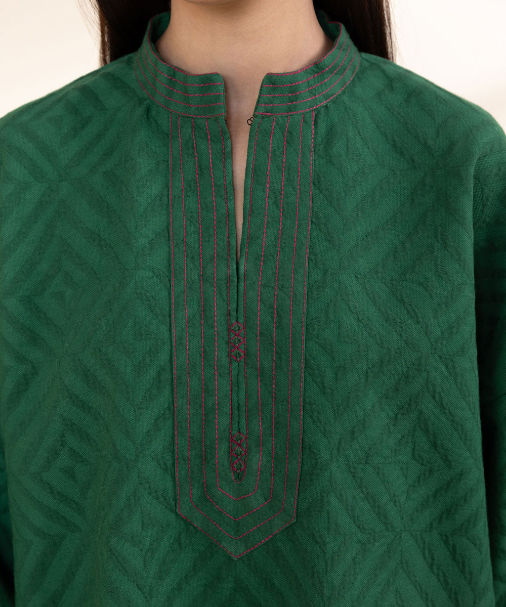 Women's Unstitched Cotton Jacquard Green Embroidered 3 Piece Suit