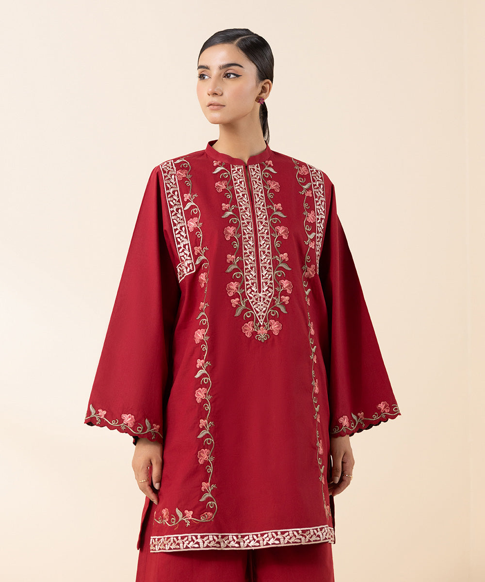 Women's Unstitched Cambric Red Embroidered 2 Piece Suit