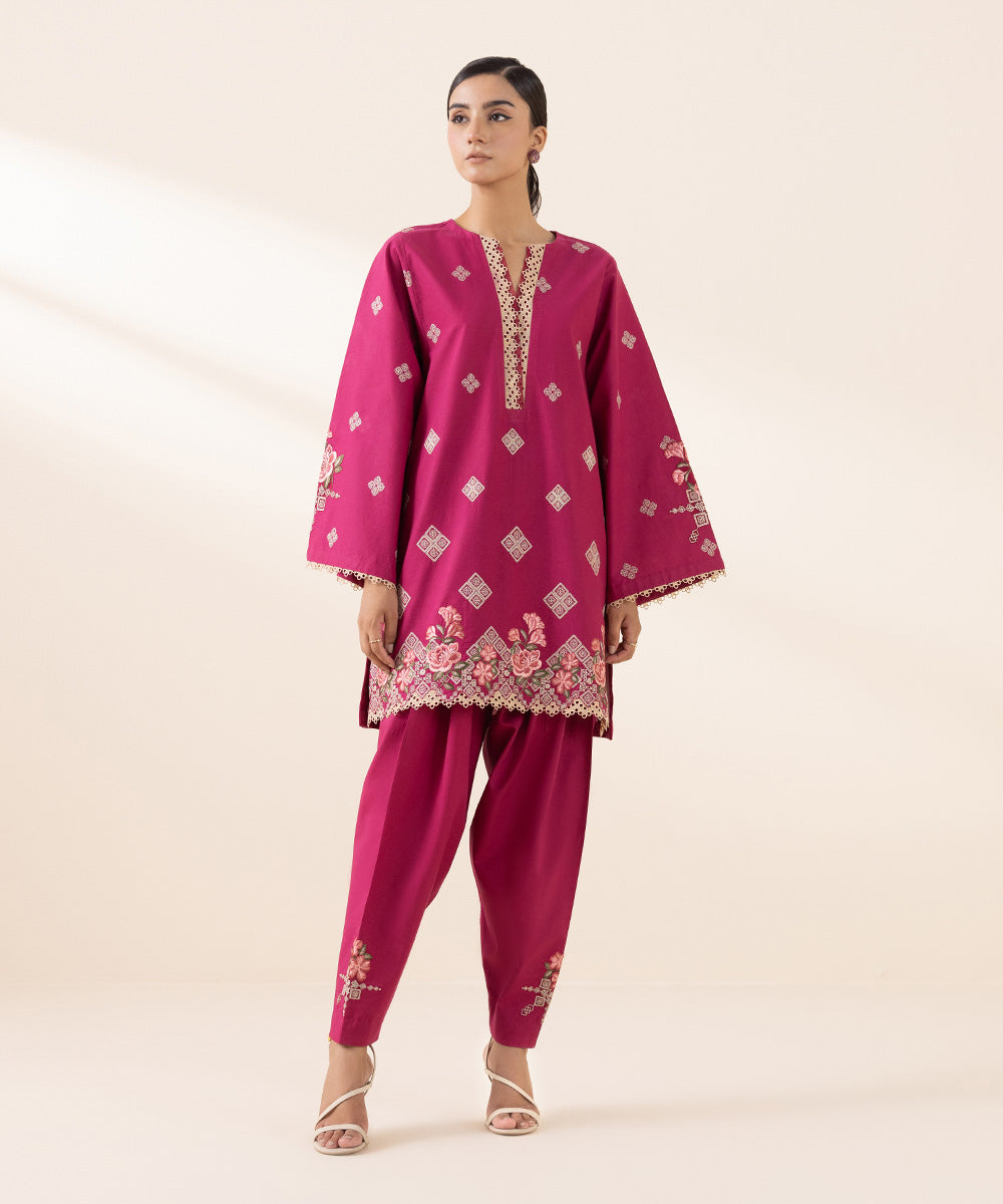 Women's Unstitched Cambric Red Embroidered 2 Piece Suit