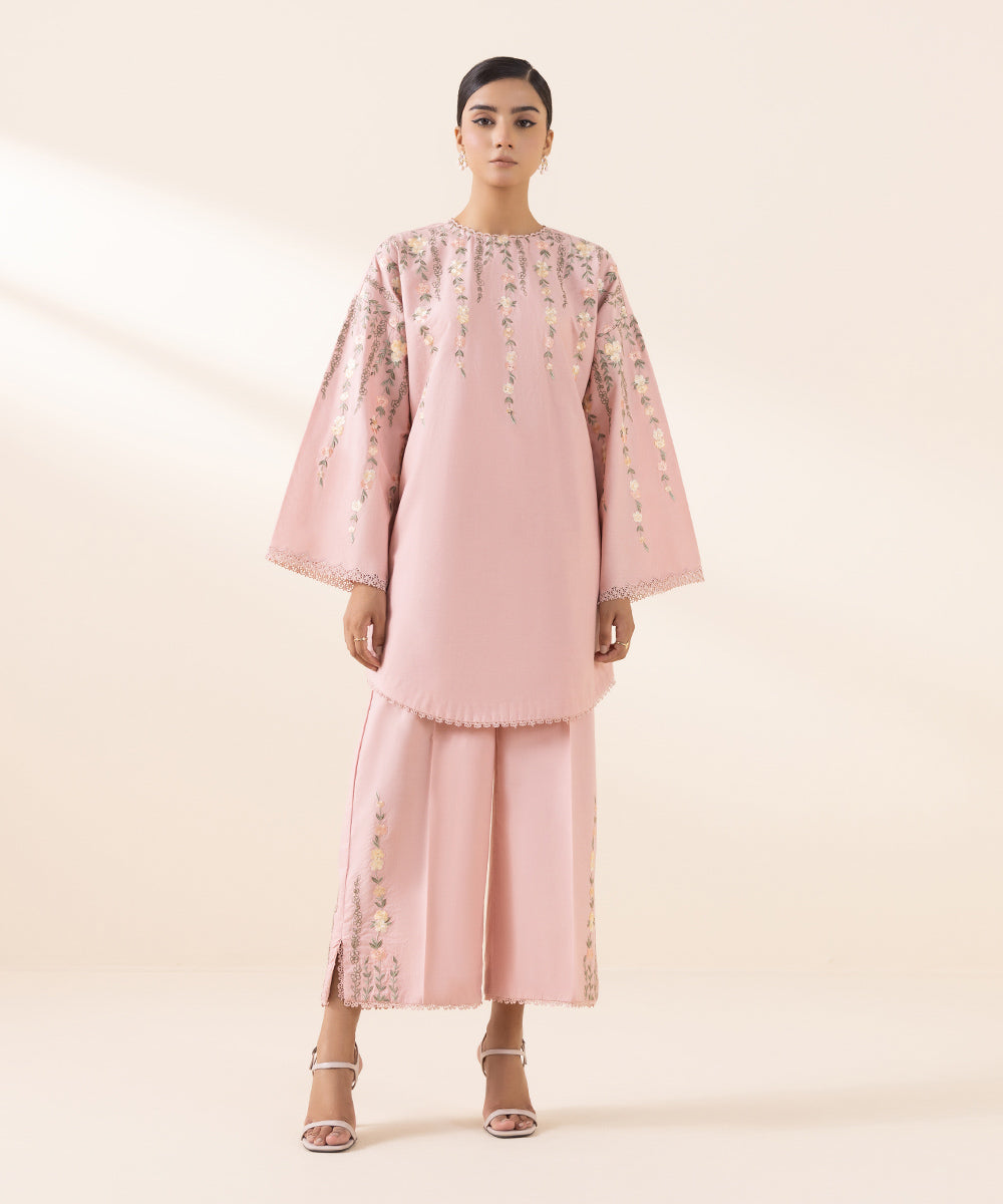 Women's Unstitched Cambric Pink Embroidered 2 Piece Suit