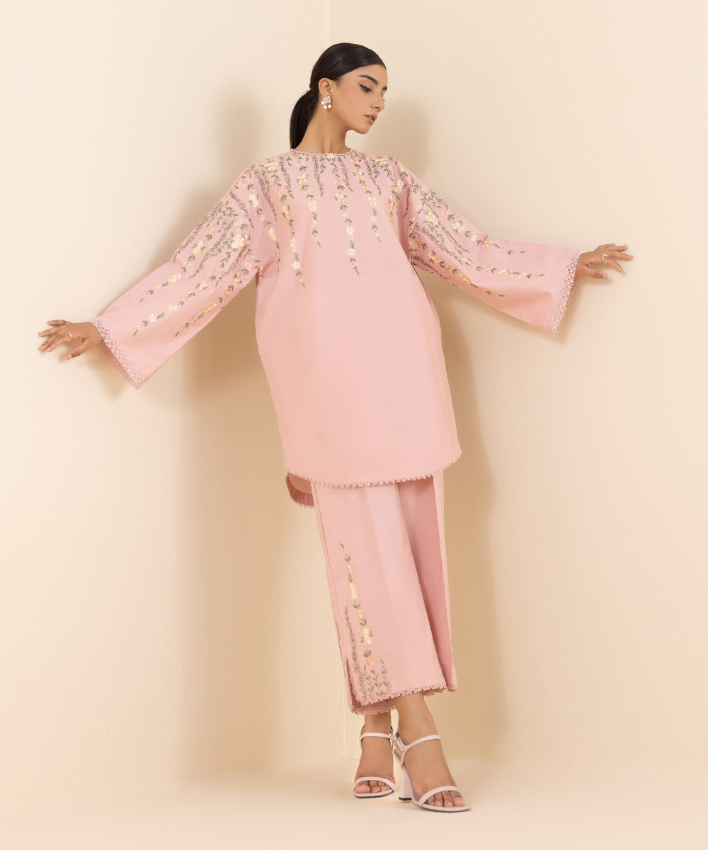 Women's Unstitched Cambric Pink Embroidered 2 Piece Suit