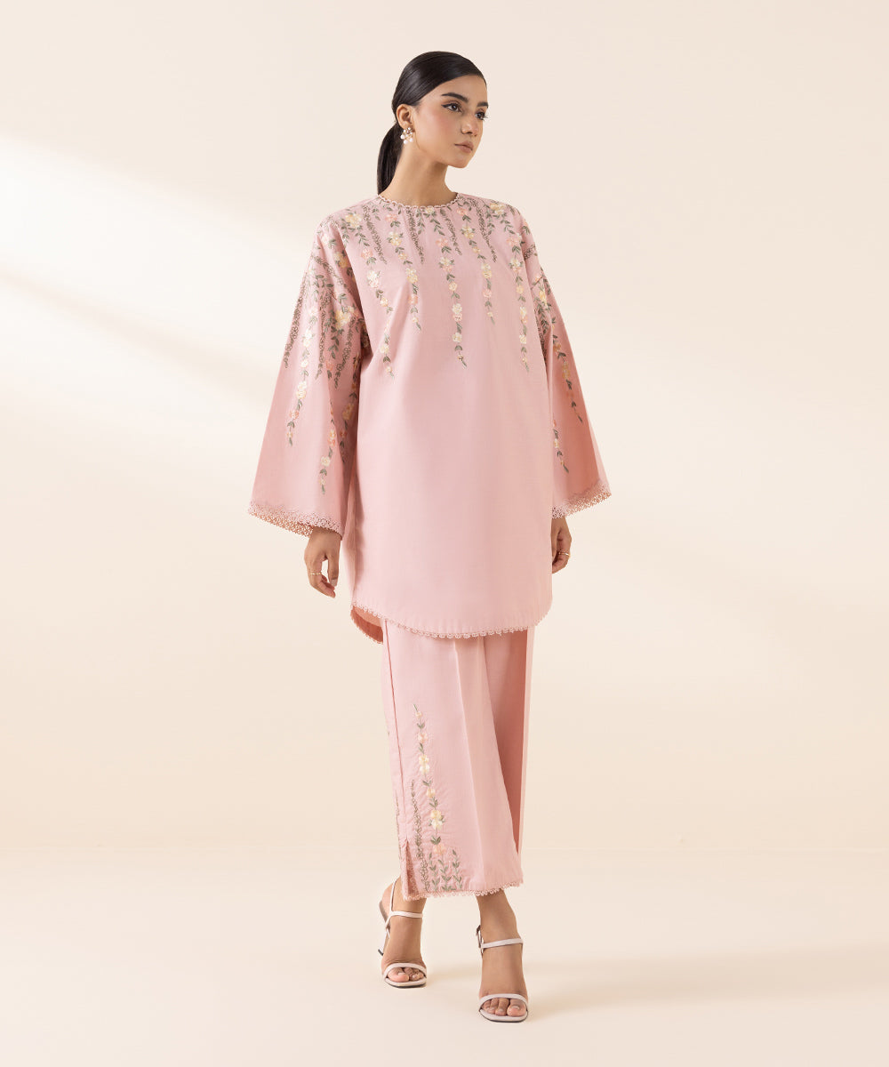 Women's Unstitched Cambric Pink Embroidered 2 Piece Suit