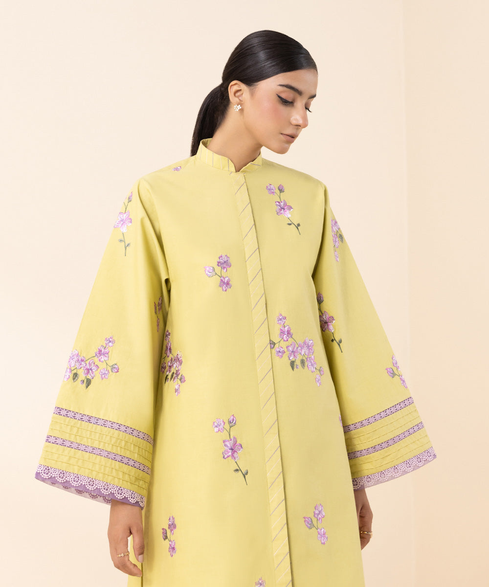 Women's Unstitched Cambric Yellow Embroidered 2 Piece Suit