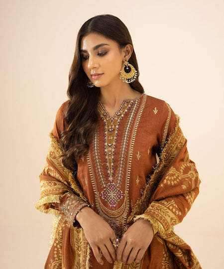 Eid Unstitched Women's Solid Embroidered Raw Silk Rust 3 Piece Suit
