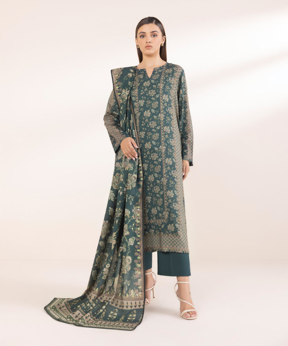 Women's Pret Printed Forest Green Light Khaddar Dupatta