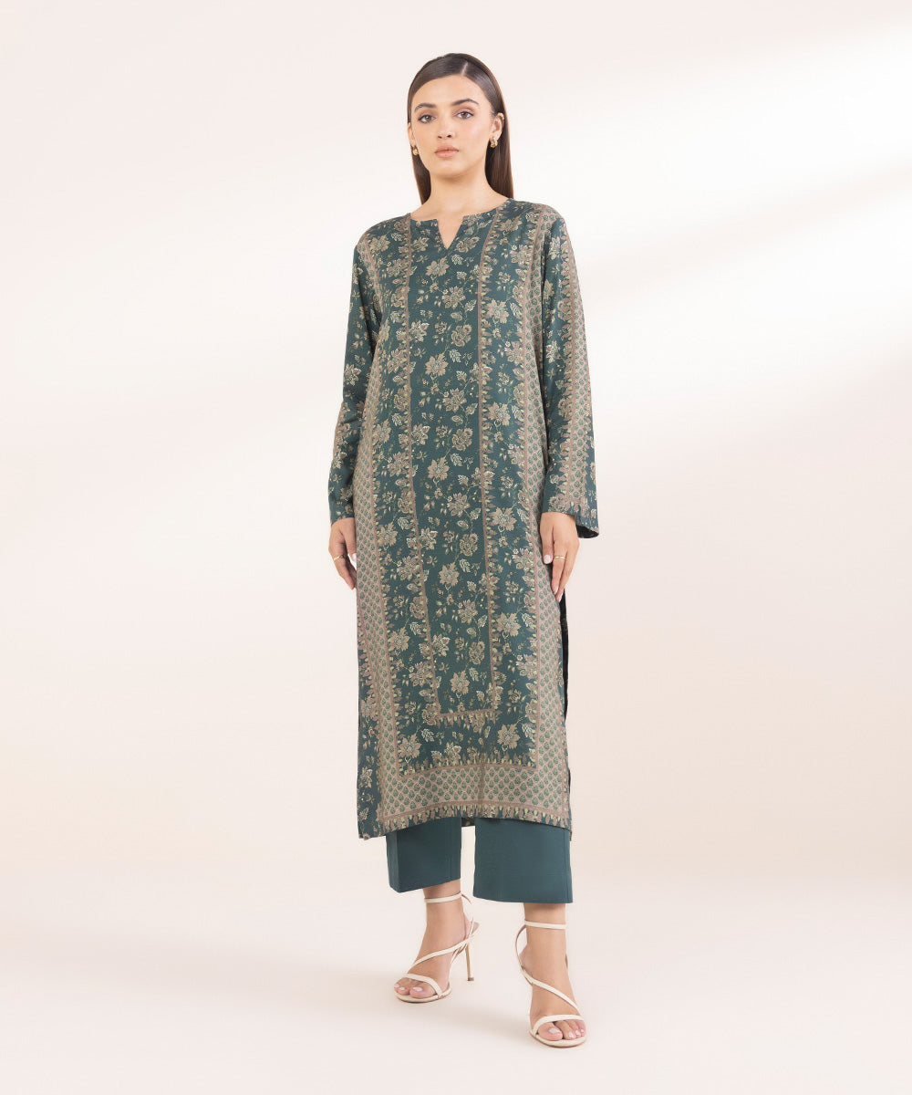 Women's Pret Printed Forest Green Linen A Line Shirt