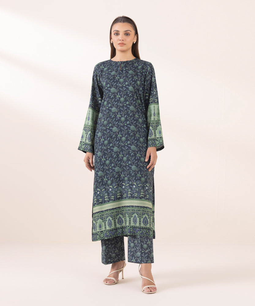 Women's Pret Printed Navy Blue Linen A Line Shirt