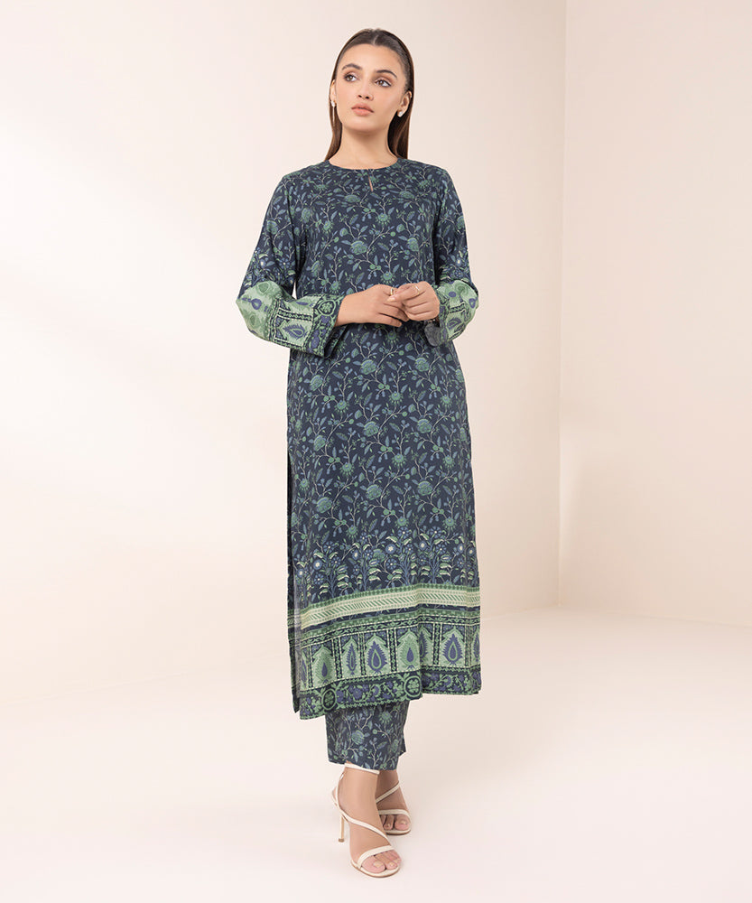 Women's Pret Printed Navy Blue Linen A Line Shirt