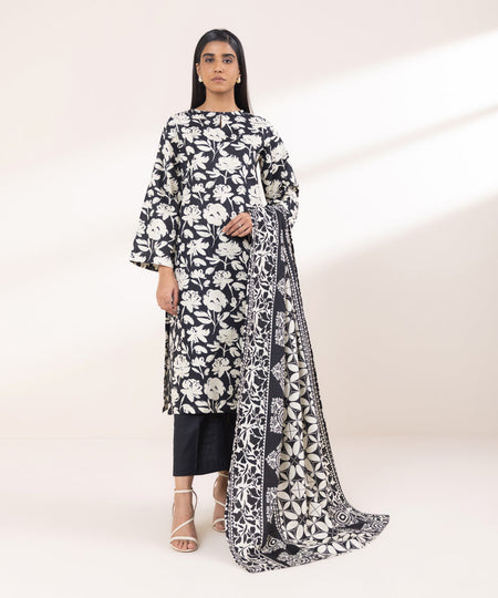 Dull Raw Silk Printed Black Dupatta