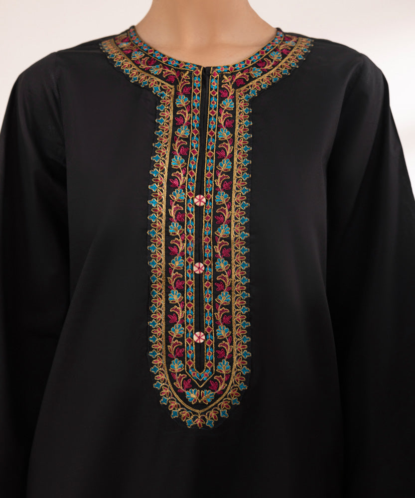 Women's Pret Solid Embroidered Black Cambric A Line Shirt