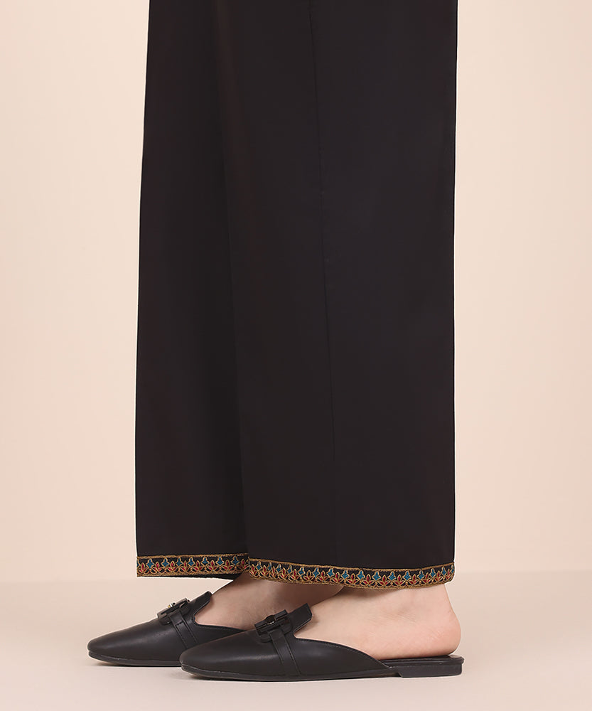 Women's Pret Solid Embroidered Black Cambric Straight Trousers