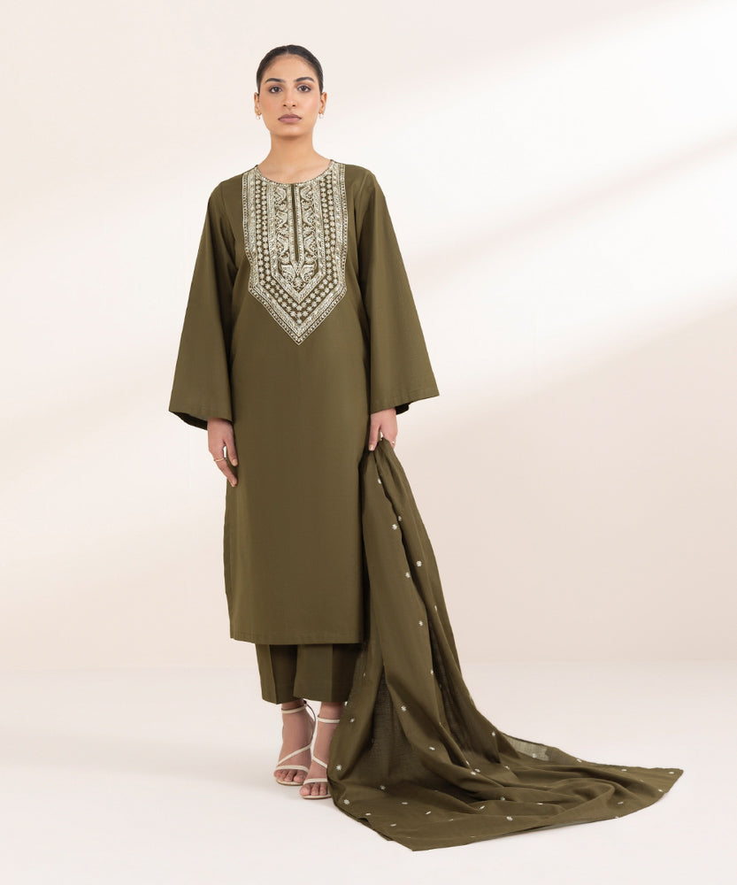 Women's Pret Solid Embroidered Olive Green Textured Voile Dupatta