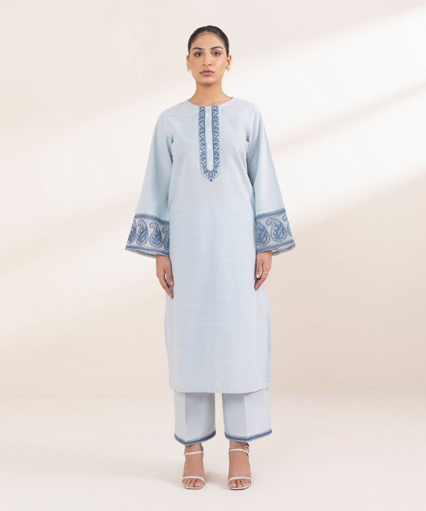 Women's Pret Solid Embroidered Pastel Blue Khaddar A Line Shirt