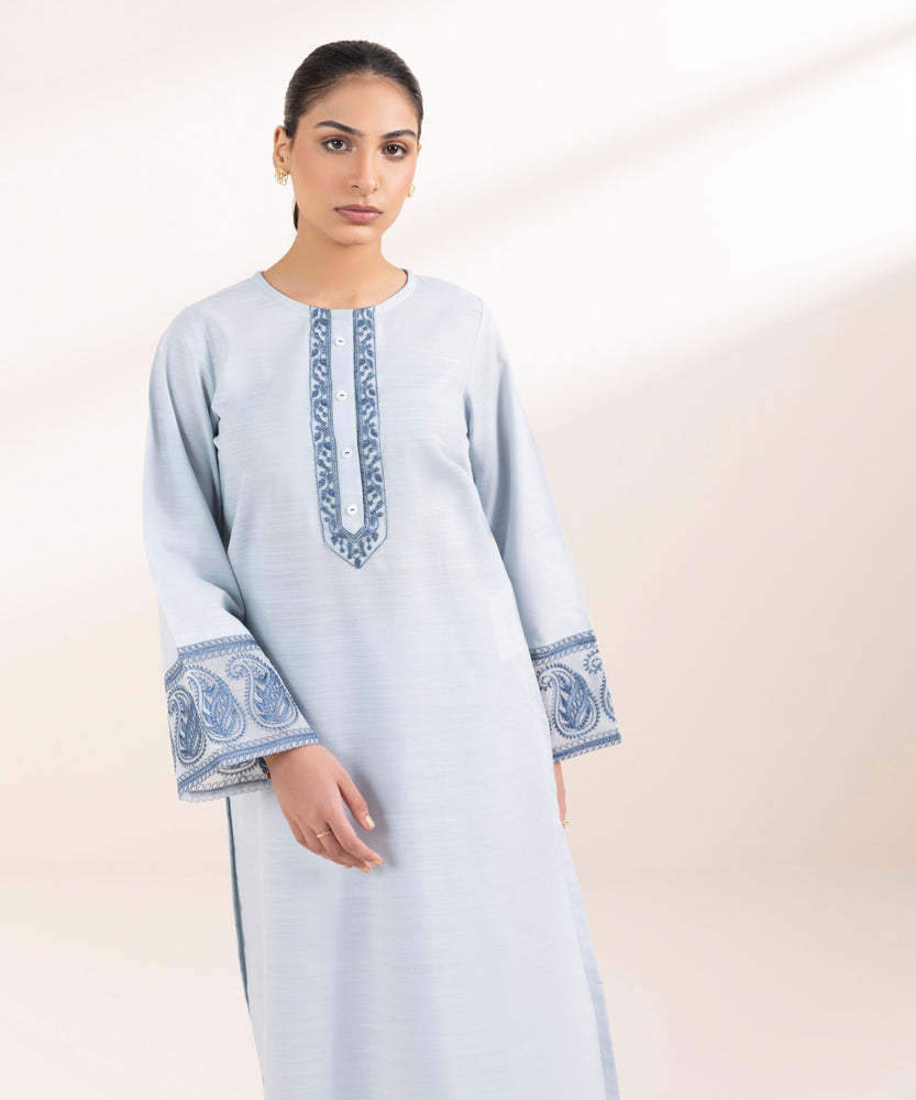 Women's Pret Solid Embroidered Pastel Blue Khaddar A Line Shirt