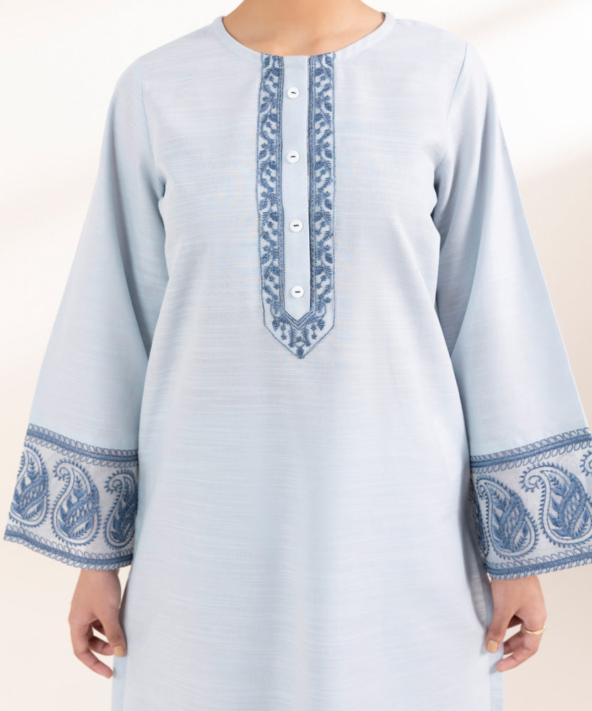 Women's Pret Solid Embroidered Pastel Blue Khaddar A Line Shirt