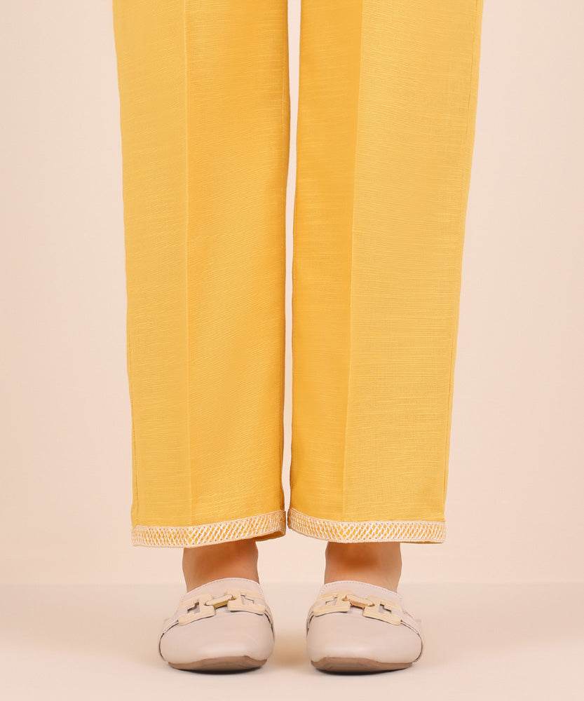 Women's Pret Solid Embroidered Sunflower Yellow Khaddar Straight Trousers